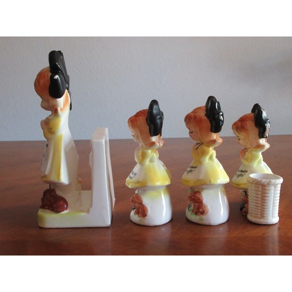 READ* Enesco Kitchen Prayer Girl Yellow Napkin Holder Salt Pepper Toothpick Vtg - Picture 10 of 12